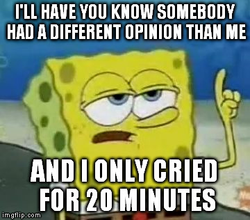I'll Have You Know Spongebob | I'LL HAVE YOU KNOW SOMEBODY HAD A DIFFERENT OPINION THAN ME AND I ONLY CRIED FOR 20 MINUTES | image tagged in memes,ill have you know spongebob | made w/ Imgflip meme maker