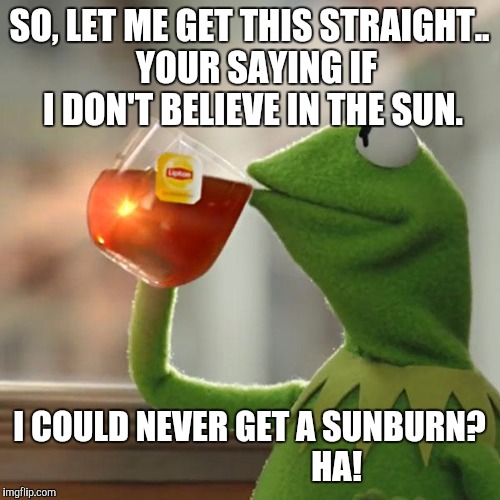 But That's None Of My Business Meme | SO, LET ME GET THIS STRAIGHT..  YOUR SAYING IF I DON'T BELIEVE IN THE SUN. I COULD NEVER GET A SUNBURN? 
                        HA! | image tagged in memes,but thats none of my business,kermit the frog | made w/ Imgflip meme maker