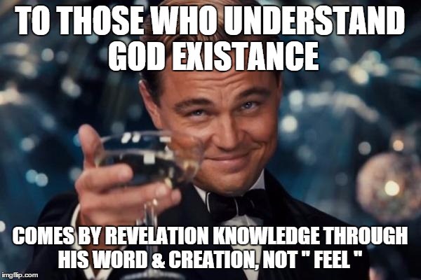 Leonardo Dicaprio Cheers Meme | TO THOSE WHO UNDERSTAND GOD EXISTANCE COMES BY REVELATION KNOWLEDGE THROUGH HIS WORD & CREATION, NOT " FEEL " | image tagged in memes,leonardo dicaprio cheers | made w/ Imgflip meme maker