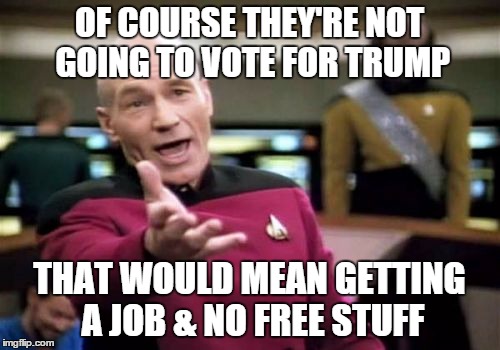 Picard Wtf Meme | OF COURSE THEY'RE NOT GOING TO VOTE FOR TRUMP THAT WOULD MEAN GETTING A JOB & NO FREE STUFF | image tagged in memes,picard wtf | made w/ Imgflip meme maker