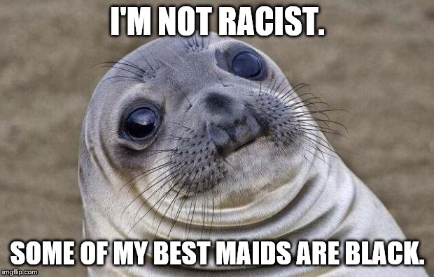 Awkward Moment Sealion Meme | I'M NOT RACIST. SOME OF MY BEST MAIDS ARE BLACK. | image tagged in memes,awkward moment sealion | made w/ Imgflip meme maker