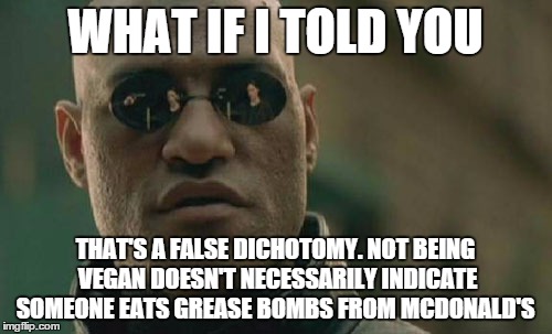 Matrix Morpheus Meme | WHAT IF I TOLD YOU THAT'S A FALSE DICHOTOMY. NOT BEING VEGAN DOESN'T NECESSARILY INDICATE SOMEONE EATS GREASE BOMBS FROM MCDONALD'S | image tagged in memes,matrix morpheus | made w/ Imgflip meme maker