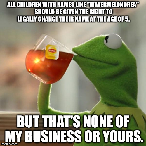 But That's None Of My Business | ALL CHILDREN WITH NAMES LIKE "WATERMELONDREA" SHOULD BE GIVEN THE RIGHT TO LEGALLY CHANGE THEIR NAME AT THE AGE OF 5. BUT THAT'S NONE OF MY  | image tagged in memes,but thats none of my business,kermit the frog | made w/ Imgflip meme maker