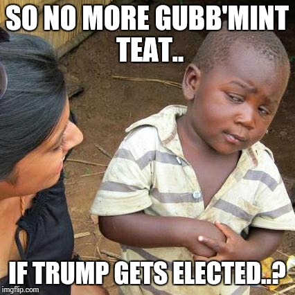 Third World Skeptical Kid Meme | SO NO MORE GUBB'MINT TEAT.. IF TRUMP GETS ELECTED..? | image tagged in memes,third world skeptical kid | made w/ Imgflip meme maker