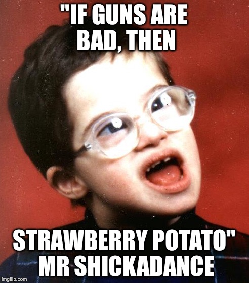 "IF GUNS ARE BAD, THEN STRAWBERRY POTATO" MR SHICKADANCE | image tagged in shick | made w/ Imgflip meme maker