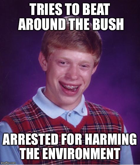 Plants in his pants | TRIES TO BEAT AROUND THE BUSH ARRESTED FOR HARMING THE ENVIRONMENT | image tagged in memes,bad luck brian | made w/ Imgflip meme maker