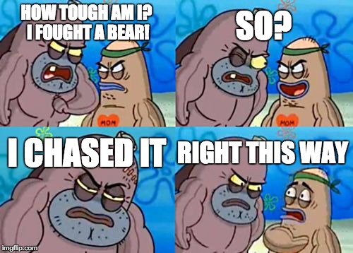 How Tough Are You Meme | HOW TOUGH AM I? I FOUGHT A BEAR! SO? I CHASED IT RIGHT THIS WAY | image tagged in memes,how tough are you | made w/ Imgflip meme maker