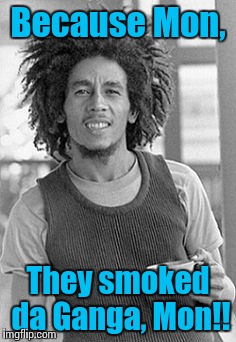 Bob Marley | Because Mon, They smoked da Ganga, Mon!! | image tagged in bob marley | made w/ Imgflip meme maker