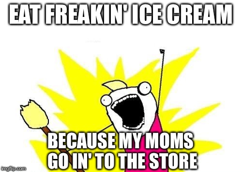 X All The Y | EAT FREAKIN' ICE CREAM BECAUSE MY MOMS GO IN' TO THE STORE | image tagged in memes,x all the y | made w/ Imgflip meme maker