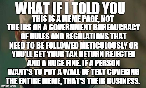Matrix Morpheus Meme | WHAT IF I TOLD YOU THIS IS A MEME PAGE, NOT THE IRS OR A GOVERNMENT BUREAUCRACY OF RULES AND REGULATIONS THAT NEED TO BE FOLLOWED METICULOUS | image tagged in memes,matrix morpheus | made w/ Imgflip meme maker