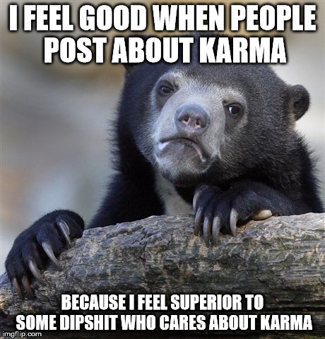 Confession Bear | I FEEL GOOD WHEN PEOPLE POST ABOUT KARMA BECAUSE I FEEL SUPERIOR TO SOME DIPSHIT WHO CARES ABOUT KARMA | image tagged in memes,confession bear | made w/ Imgflip meme maker
