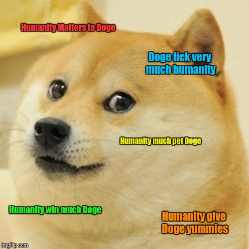 Doge Meme | Humanity Matters to Doge Doge lick very much humanity Humanity much pet Doge Humanity win much Doge Humanity give Doge yummies | image tagged in memes,doge | made w/ Imgflip meme maker