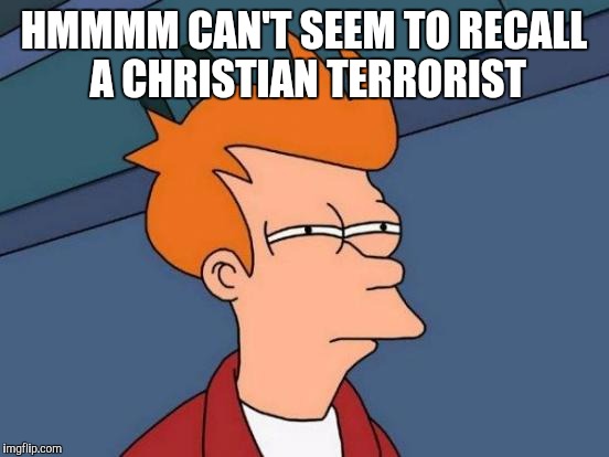Futurama Fry Meme | HMMMM CAN'T SEEM TO RECALL A CHRISTIAN TERRORIST | image tagged in memes,futurama fry | made w/ Imgflip meme maker