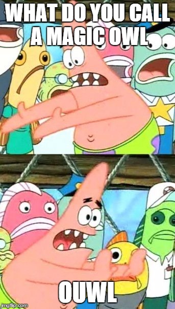 Put It Somewhere Else Patrick Meme | WHAT DO YOU CALL A MAGIC OWL OUWL | image tagged in memes,put it somewhere else patrick | made w/ Imgflip meme maker