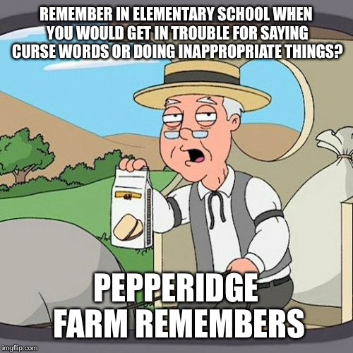 Pepperidge Farm Remembers | REMEMBER IN ELEMENTARY SCHOOL WHEN YOU WOULD GET IN TROUBLE FOR SAYING CURSE WORDS OR DOING INAPPROPRIATE THINGS? PEPPERIDGE FARM REMEMBERS | image tagged in memes,pepperidge farm remembers | made w/ Imgflip meme maker