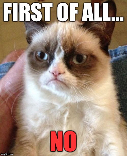 Grumpy Cat Meme | FIRST OF ALL... NO | image tagged in memes,grumpy cat | made w/ Imgflip meme maker