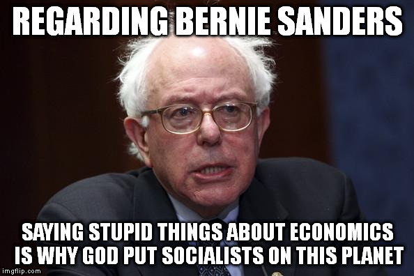 Bernie Sanders | REGARDING BERNIE SANDERS SAYING STUPID THINGS ABOUT ECONOMICS IS WHY GOD PUT SOCIALISTS ON THIS PLANET | image tagged in bernie sanders | made w/ Imgflip meme maker