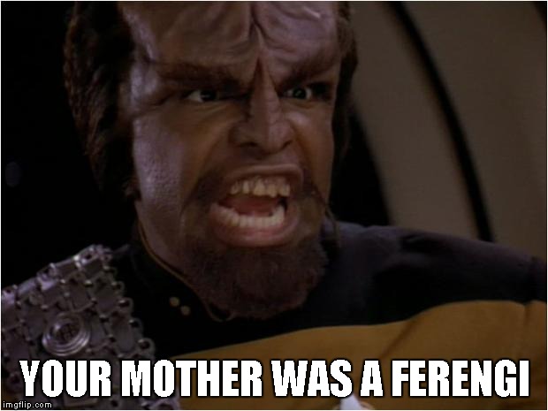 Lt Worf | YOUR MOTHER WAS A FERENGI | image tagged in lt worf | made w/ Imgflip meme maker