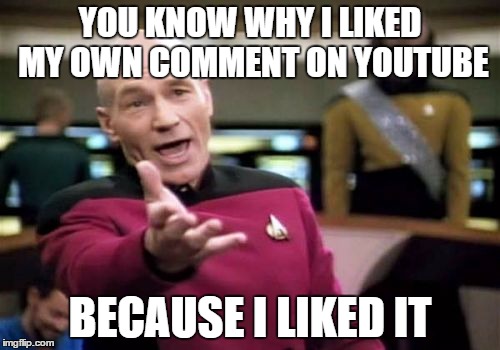 Picard Wtf Meme | YOU KNOW WHY I LIKED MY OWN COMMENT ON YOUTUBE BECAUSE I LIKED IT | image tagged in memes,picard wtf | made w/ Imgflip meme maker