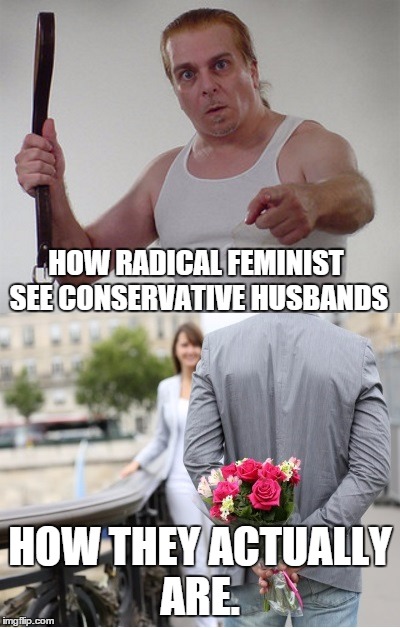  Men recognizing the reality of our differences is not " misogynistic " or " inequality " it's social and biological reality.  | HOW RADICAL FEMINIST SEE CONSERVATIVE HUSBANDS HOW THEY ACTUALLY ARE. | image tagged in political meme | made w/ Imgflip meme maker