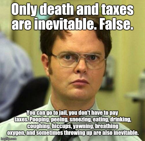 False | Only death and taxes are inevitable. False. You can go to jail, you don't have to pay taxes. Pooping, peeing, sneezing, eating, drinking, co | image tagged in false | made w/ Imgflip meme maker