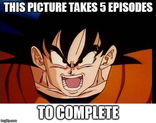 Crosseyed Goku | THIS PICTURE TAKES 5 EPISODES TO COMPLETE | image tagged in memes,crosseyed goku | made w/ Imgflip meme maker