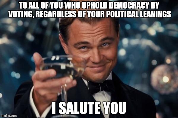 Leonardo Dicaprio Cheers | TO ALL OF YOU WHO UPHOLD DEMOCRACY BY VOTING, REGARDLESS OF YOUR POLITICAL LEANINGS I SALUTE YOU | image tagged in memes,leonardo dicaprio cheers | made w/ Imgflip meme maker