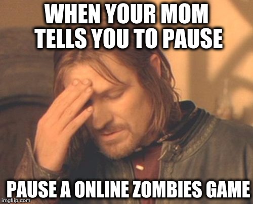 Frustrated Boromir Meme | WHEN YOUR MOM TELLS YOU TO PAUSE PAUSE A ONLINE ZOMBIES GAME | image tagged in memes,frustrated boromir | made w/ Imgflip meme maker