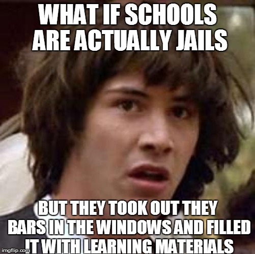 Conspiracy Keanu | WHAT IF SCHOOLS ARE ACTUALLY JAILS BUT THEY TOOK OUT THEY BARS IN THE WINDOWS AND FILLED IT WITH LEARNING MATERIALS | image tagged in memes,conspiracy keanu | made w/ Imgflip meme maker