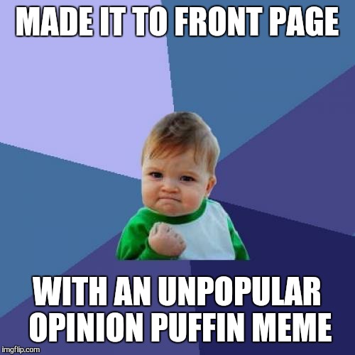 Success Kid | MADE IT TO FRONT PAGE WITH AN UNPOPULAR OPINION PUFFIN MEME | image tagged in memes,success kid | made w/ Imgflip meme maker