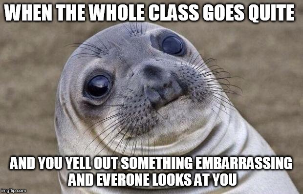 Awkward Moment Sealion Meme | WHEN THE WHOLE CLASS GOES QUITE AND YOU YELL OUT SOMETHING EMBARRASSING AND EVERONE LOOKS AT YOU | image tagged in memes,awkward moment sealion | made w/ Imgflip meme maker