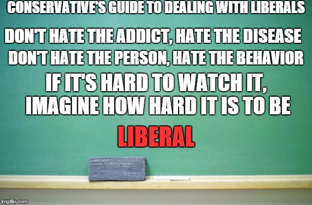 blank chalkboard | CONSERVATIVE'S GUIDE TO DEALING WITH LIBERALS DON'T HATE THE ADDICT, HATE THE DISEASE DON'T HATE THE PERSON, HATE THE BEHAVIOR IF IT'S HARD  | image tagged in blank chalkboard | made w/ Imgflip meme maker