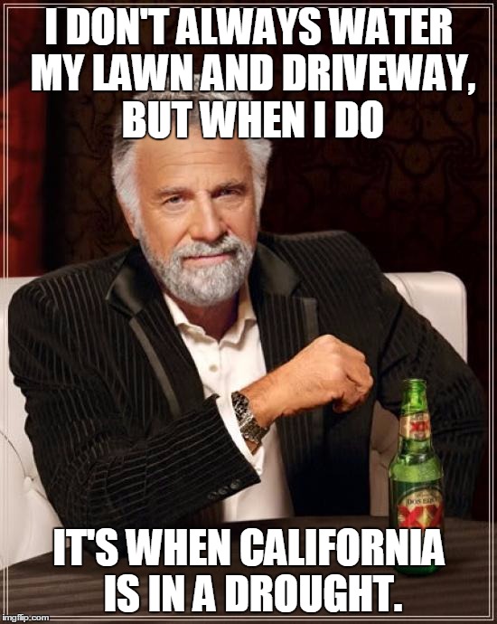 The Most Interesting Man In The World | I DON'T ALWAYS WATER MY LAWN AND DRIVEWAY, BUT WHEN I DO IT'S WHEN CALIFORNIA IS IN A DROUGHT. | image tagged in memes,the most interesting man in the world | made w/ Imgflip meme maker