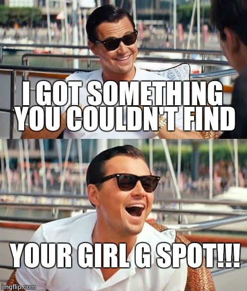 Leonardo Dicaprio Wolf Of Wall Street Meme | I GOT SOMETHING YOU COULDN'T FIND YOUR GIRL G SPOT!!! | image tagged in memes,leonardo dicaprio wolf of wall street | made w/ Imgflip meme maker