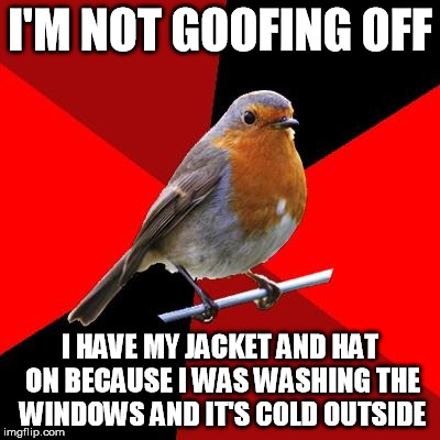 Explanation to an Idiot Manager | I'M NOT GOOFING OFF I HAVE MY JACKET AND HAT ON BECAUSE I WAS WASHING THE WINDOWS AND IT'S COLD OUTSIDE | image tagged in retail robin,boss,stupidity | made w/ Imgflip meme maker