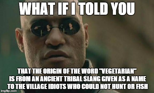 Matrix Morpheus Meme | WHAT IF I TOLD YOU THAT THE ORIGIN OF THE WORD "VEGETARIAN" IS FROM AN ANCIENT TRIBAL SLANG GIVEN AS A NAME TO THE VILLAGE IDIOTS WHO COULD  | image tagged in memes,matrix morpheus,vegetarian,meat | made w/ Imgflip meme maker