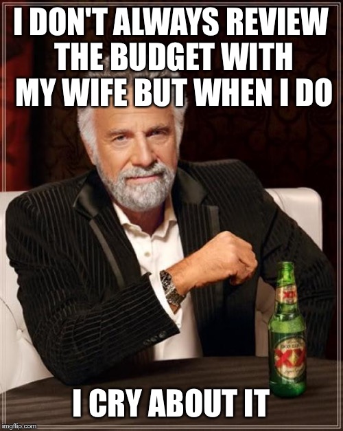 The Most Interesting Man In The World | I DON'T ALWAYS REVIEW THE BUDGET WITH MY WIFE BUT WHEN I DO I CRY ABOUT IT | image tagged in memes,the most interesting man in the world | made w/ Imgflip meme maker