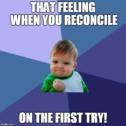 Success Kid Meme | THAT FEELING WHEN YOU RECONCILE ON THE FIRST TRY! | image tagged in memes,success kid | made w/ Imgflip meme maker