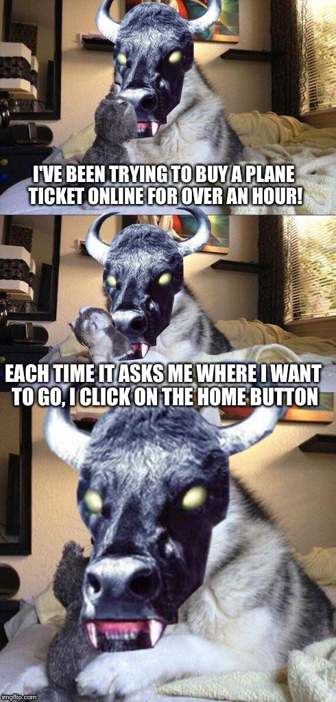 bad pun vampire cow | I'VE BEEN TRYING TO BUY A PLANE TICKET ONLINE FOR OVER AN HOUR! EACH TIME IT ASKS ME WHERE I WANT TO GO, I CLICK ON THE HOME BUTTON | image tagged in bad pun vampire cow | made w/ Imgflip meme maker