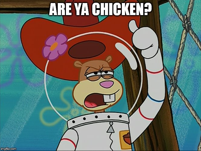 Sandy Cheeks - Are Ya Chicken? | ARE YA CHICKEN? | image tagged in memes,funny memes,spongebob squarepants,funny,insult,squirrel | made w/ Imgflip meme maker
