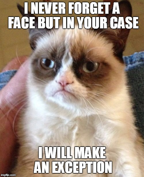 Grumpy Cat | I NEVER FORGET A FACE BUT IN YOUR CASE I WILL MAKE AN EXCEPTION | image tagged in memes,grumpy cat | made w/ Imgflip meme maker