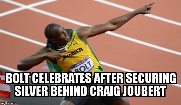 Bolt | BOLT CELEBRATES AFTER SECURING SILVER BEHIND CRAIG JOUBERT | image tagged in bolt | made w/ Imgflip meme maker