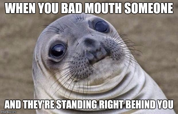 Awkward Moment Sealion Meme | WHEN YOU BAD MOUTH SOMEONE AND THEY'RE STANDING RIGHT BEHIND YOU | image tagged in memes,awkward moment sealion | made w/ Imgflip meme maker