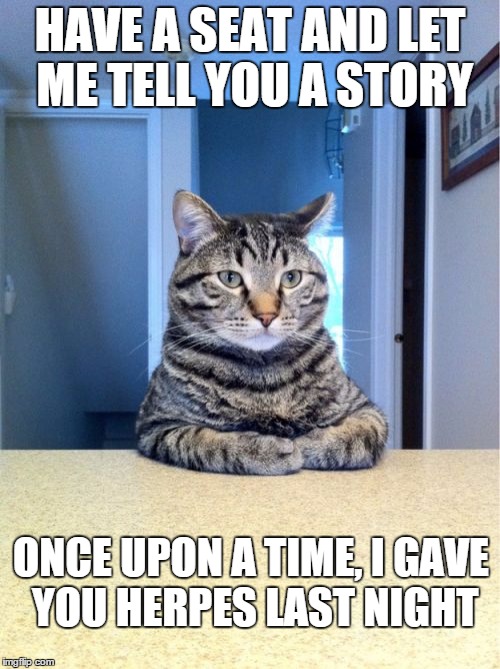 Just Don't tell Mom | HAVE A SEAT AND LET ME TELL YOU A STORY ONCE UPON A TIME, I GAVE YOU HERPES LAST NIGHT | image tagged in memes,take a seat cat | made w/ Imgflip meme maker