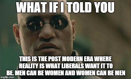 Matrix Morpheus Meme | WHAT IF I TOLD YOU THIS IS THE POST MODERN ERA WHERE REALITY IS WHAT LIBERALS WANT IT TO BE. MEN CAN BE WOMEN AND WOMEN CAN BE MEN | image tagged in memes,matrix morpheus | made w/ Imgflip meme maker