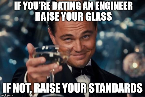 Leonardo Dicaprio Cheers Meme | IF YOU'RE DATING AN ENGINEER RAISE YOUR GLASS IF NOT, RAISE YOUR STANDARDS | image tagged in memes,leonardo dicaprio cheers | made w/ Imgflip meme maker