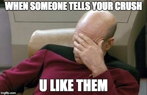 Captain Picard Facepalm | WHEN SOMEONE TELLS YOUR
CRUSH U LIKE THEM | image tagged in memes,captain picard facepalm | made w/ Imgflip meme maker