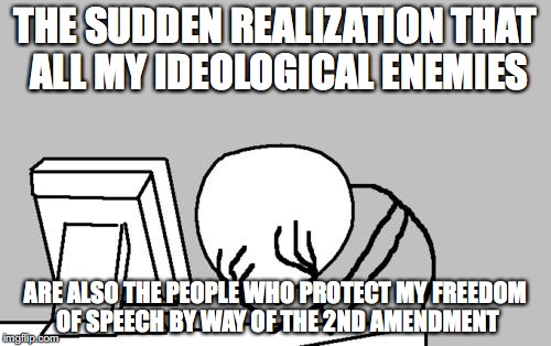 Computer Guy Facepalm | THE SUDDEN REALIZATION THAT ALL MY IDEOLOGICAL ENEMIES ARE ALSO THE PEOPLE WHO PROTECT MY FREEDOM OF SPEECH BY WAY OF THE 2ND AMENDMENT | image tagged in memes,computer guy facepalm | made w/ Imgflip meme maker
