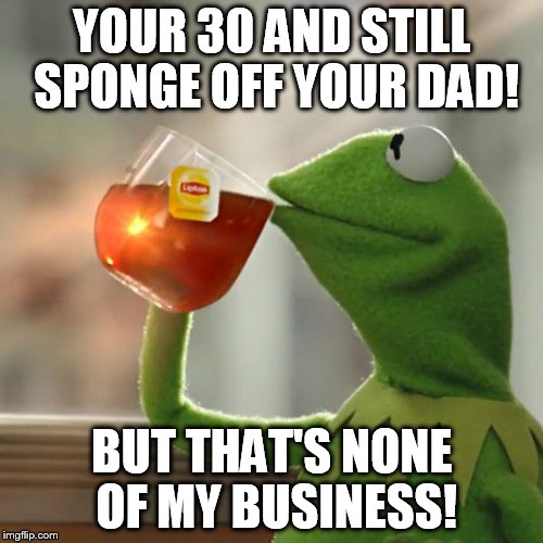 But That's None Of My Business | YOUR 30 AND STILL SPONGE OFF YOUR DAD! BUT THAT'S NONE OF MY BUSINESS! | image tagged in memes,but thats none of my business,kermit the frog | made w/ Imgflip meme maker