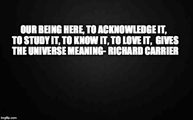 Blank | OUR BEING HERE, TO ACKNOWLEDGE IT,
 TO STUDY IT, TO KNOW IT, TO LOVE IT, 
GIVES THE UNIVERSE MEANING- RICHARD CARRIER | image tagged in blank | made w/ Imgflip meme maker